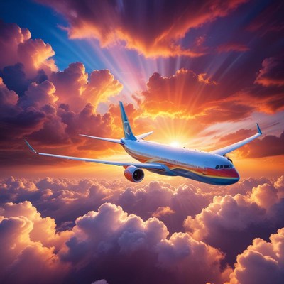 An airplane flies through the clouds at sunset