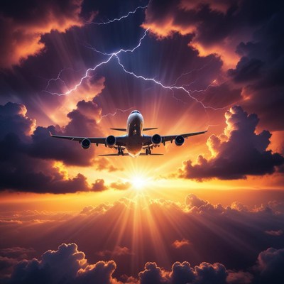 An airplane flies through a dramatic sunset sky