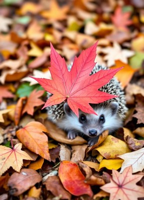 Hedgehog hides under a red maple leaf