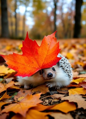 A hedgehog hides under a red maple leaf in a forest