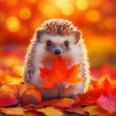 A hedgehog holds a red leaf in an autumn forest