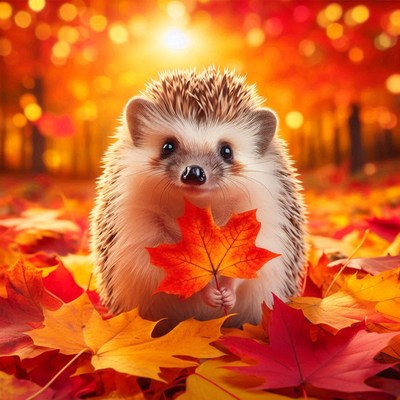 A hedgehog holds a red maple leaf in an autumn forest