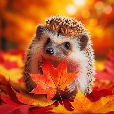A hedgehog holds a red leaf in a bed of autumn leaves