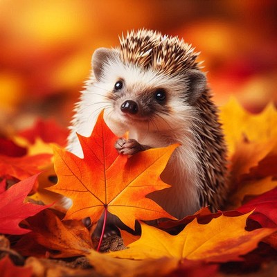A hedgehog holds a large autumn leaf