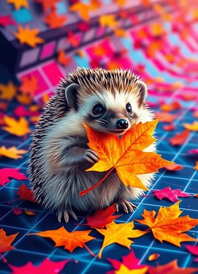 A hedgehog holds a large, orange leaf in its paws