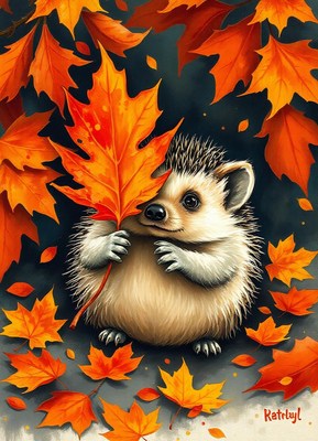 A hedgehog holds a bright orange leaf in autumn