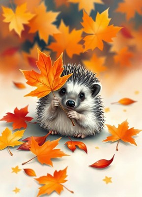 A cute hedgehog holds an orange leaf in the fall
