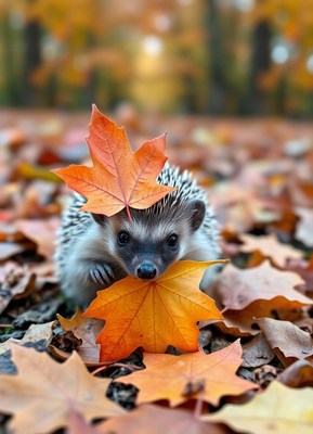 A hedgehog plays with an autumn leaf in a forest