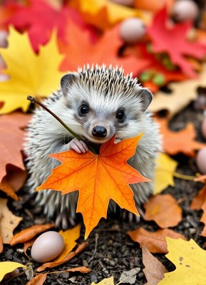 A hedgehog holds an autumn leaf in a forest