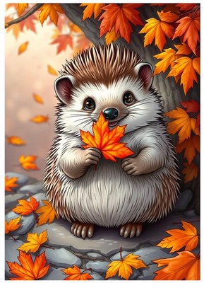 A cute hedgehog holds a maple leaf in the autumn forest