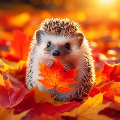 A hedgehog holds a red leaf in autumn