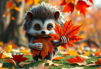 A cute hedgehog holds a colorful autumn leaf