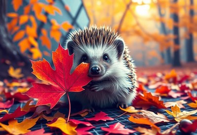 A hedgehog hides behind a maple leaf in the fall