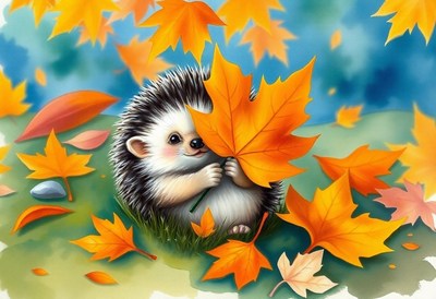 A cute hedgehog holds a large leaf in the autumn wind