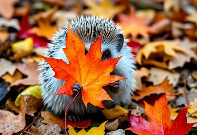 A hedgehog holds a colorful leaf in a forest