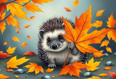 A hedgehog holds a maple leaf in the fall