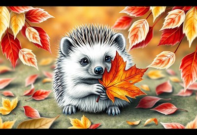 A hedgehog holds a fall leaf in the forest
