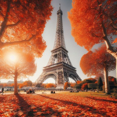 Eiffel tower towers in autumn leaves of paris