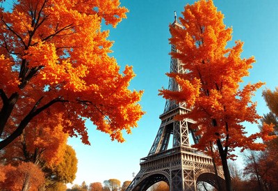 The eiffel tower stands tall amidst vibrant autumn foliage