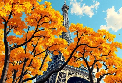 The eiffel tower stands tall behind vibrant autumn leaves