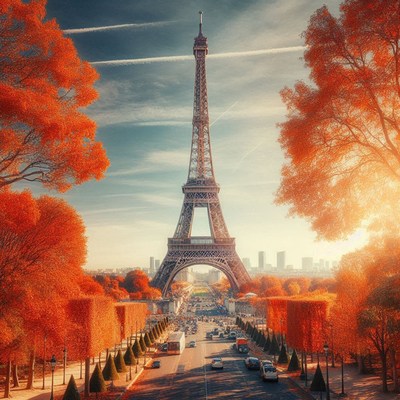 The eiffel tower stands tall amidst autumn foliage in paris
