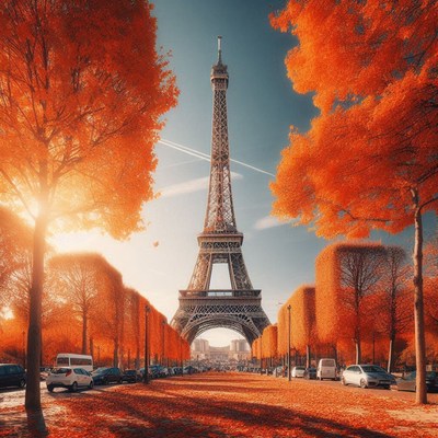 The eiffel tower stands tall amongst autumn foliage in paris