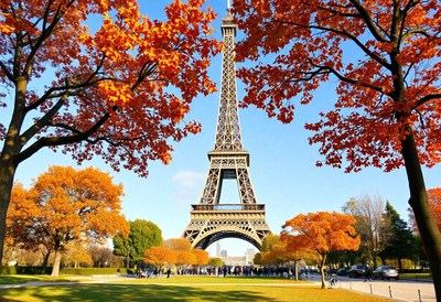 The eiffel tower stands tall amongst autumn leaves