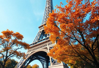 Eiffel tower rises amid bright autumn leaves