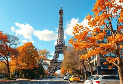 Eiffel tower rises in paris among fall foliage