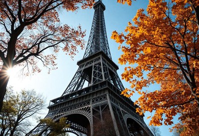 Eiffel tower towers over autumn leaves and blue sky