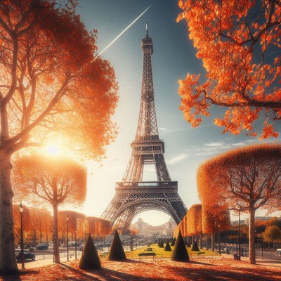 The eiffel tower is pictured on a sunny autumn day