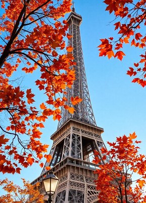 The eiffel tower in paris framed by autumn leaves