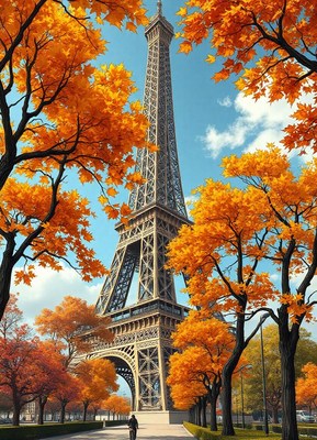 Eiffel tower looms over autumn leaves