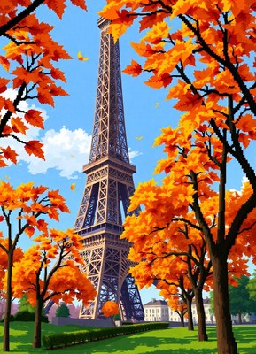 Eiffel tower rises amid autumn leaves