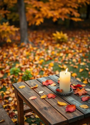 A candle on a table amidst autumn leaves