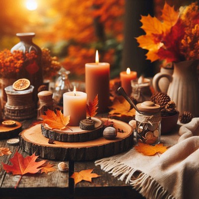 Candles glow on a rustic table with autumn leaves