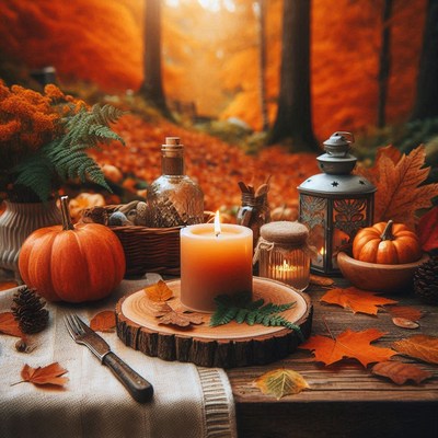 A candle burns on a wooden table in an autumn forest