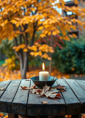 Candle on a table with autumn leaves behind