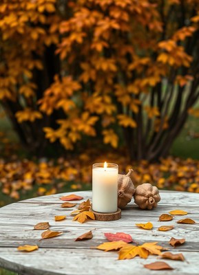 A lit candle on a wooden table surrounded by fall leaves