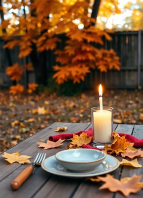 A candle burns on a table with autumn leaves