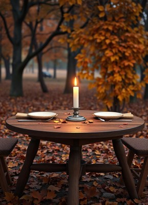 A candlelit table in an autumnal forest