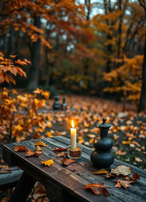 A candle burns on a wooden table in an autumn forest