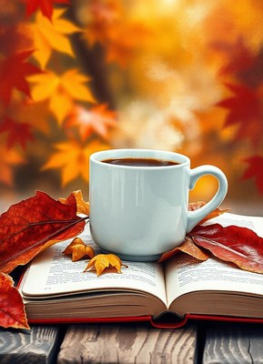 Coffee on a book beside autumn leaves