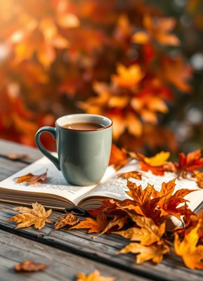 A cup of coffee on an open book surrounded by autumn leaves