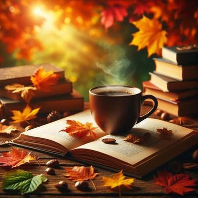 A cup of coffee sits on a book with autumn leaves