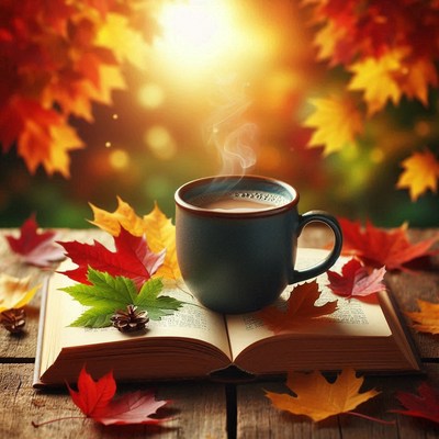A warm cup of coffee on an autumn day