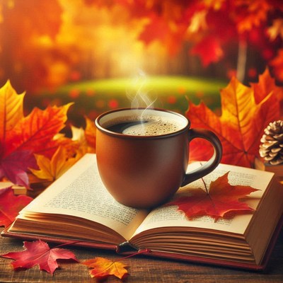 A cup of coffee on an open book surrounded by fall leaves