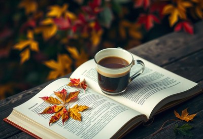 A cup of coffee and a book on a table with fall leaves