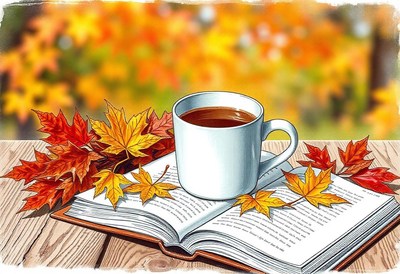 A cup of coffee sits on a book surrounded by fall leaves
