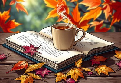A warm cup of tea and a book on a fall afternoon